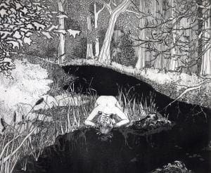 Black Lie: Black and white etching of a tiger woman crouching at the edge of a black river, drinking