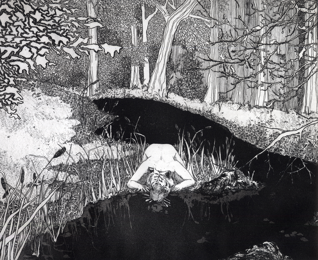 Black Lie: Black and white etching of a tiger woman crouching at the edge of a black river, drinking