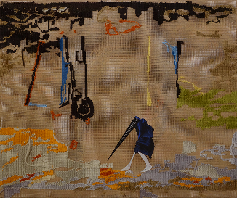 Salt: Lines and patches of embroidery against a pale brown linen background, reminiscent of a set of ruins in a destroyed landscape. A figure with a beak as big as its body and that covers its face entirely, tentatively steps across the ground.
