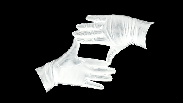 Emotional Machinery: White gloved hands against a black background make a square void between thumbs and forefingers