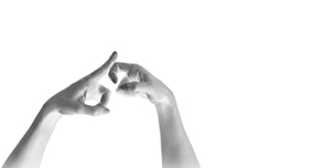 Against a white background, two hands make the British Sign Language letter K. Wetware, Rattle And Heddle