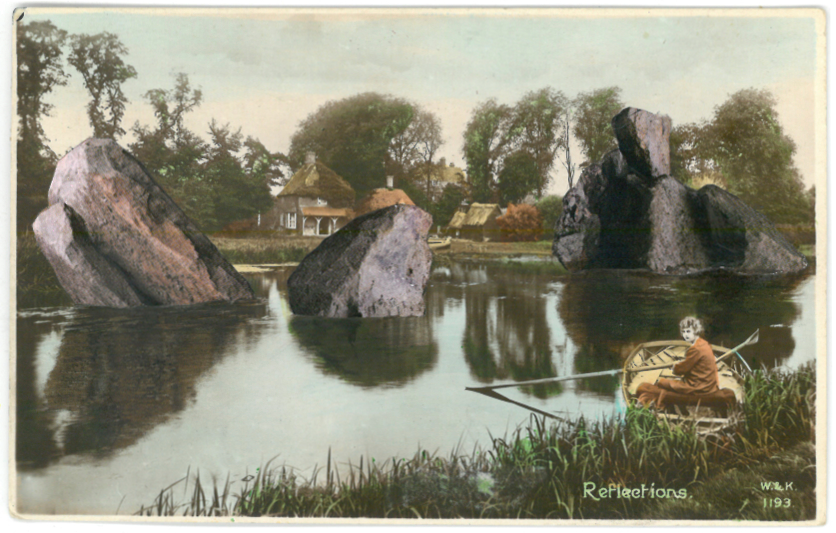 Anxious Chronicles: A woman in a small wooden boat looks back at us as she rows across a lake, huge meteorite boulders sticking out of the water