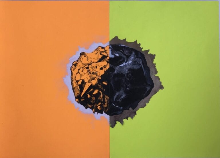 Meteorwrongs: Drawing on fluorescent card of a rock glowing.