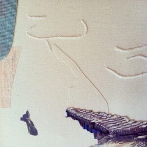 Query: Raised pale embroidery like old scars on a pale linen, with fragments of tapestry and collage strewn across the whole canvas