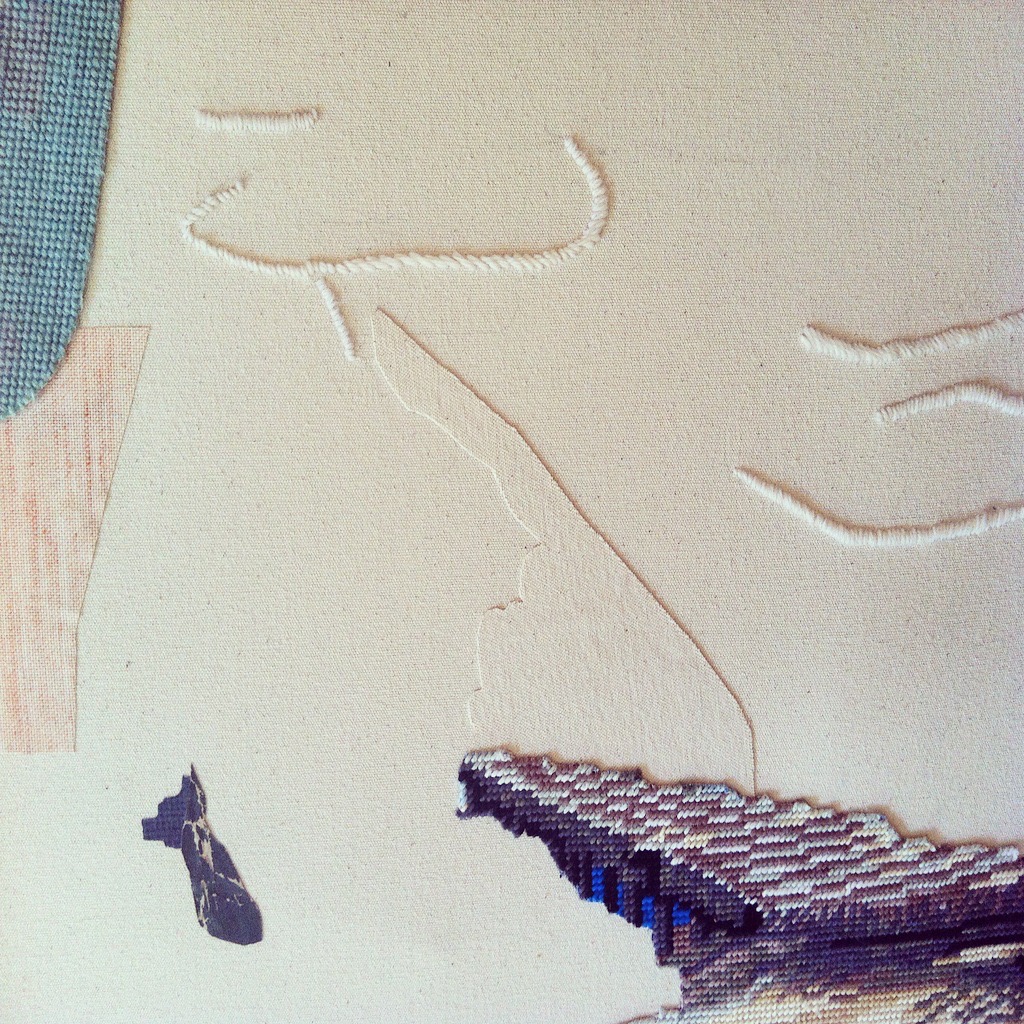 Query: Raised pale embroidery like old scars on a pale linen, with fragments of tapestry and collage strewn across the whole canvas