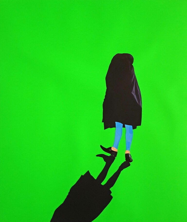 Mantle: neon green background with a figure standing, a black cloth thrown over their head and body, with sky blue hose and black shoes. A strong black shadow extends from the feet out to the bottom edge of the image