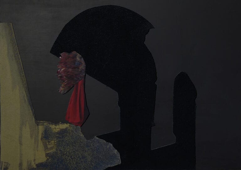 Cleave: a black smooth board sits behind a blacker abstract shape with a red cloaked figure standing on a rock