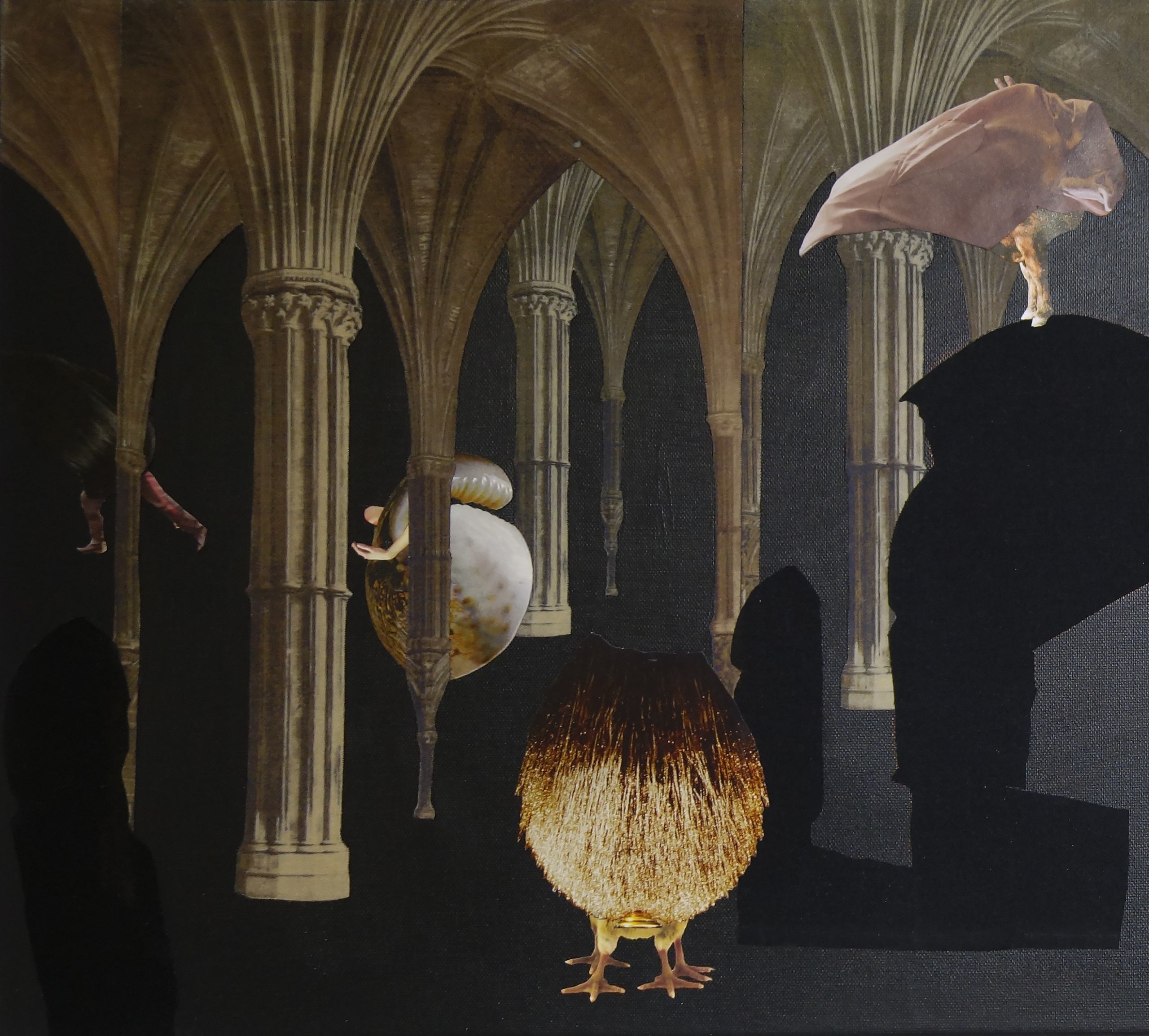 Quarry art work: a dark subterranean space is populated by absurd and strange creatures that flit in and behind the pillars that hold up the vaulted ceiling