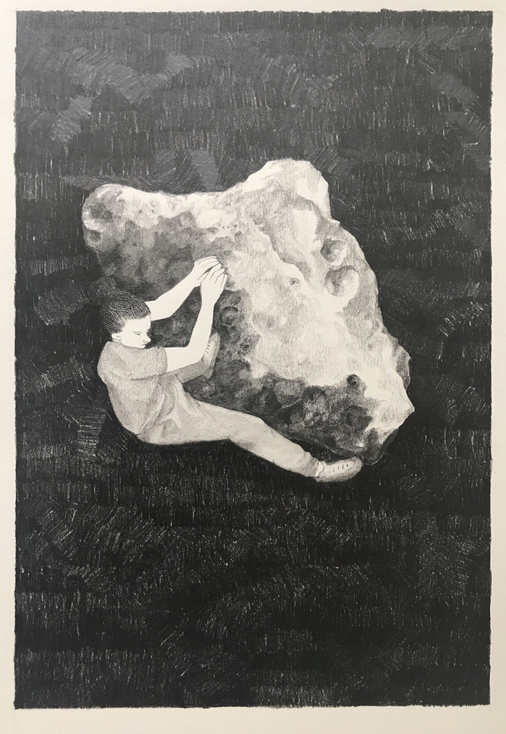 Clutch: Drawing of woman clinging onto a small meteoroid in space