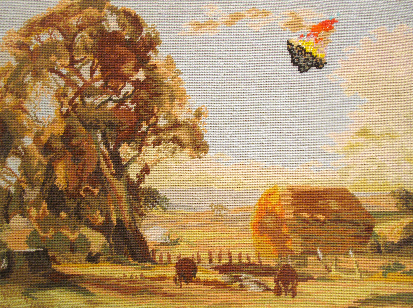 Ominous Decorations: Tapestry of a beautiful tree in late summer, in an idyllic English countryside. A meteor burns through the atmosphere, interrupting the stillness.