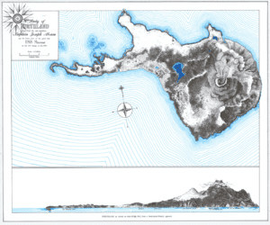 drawn topographical map of an island in a blue lined sea