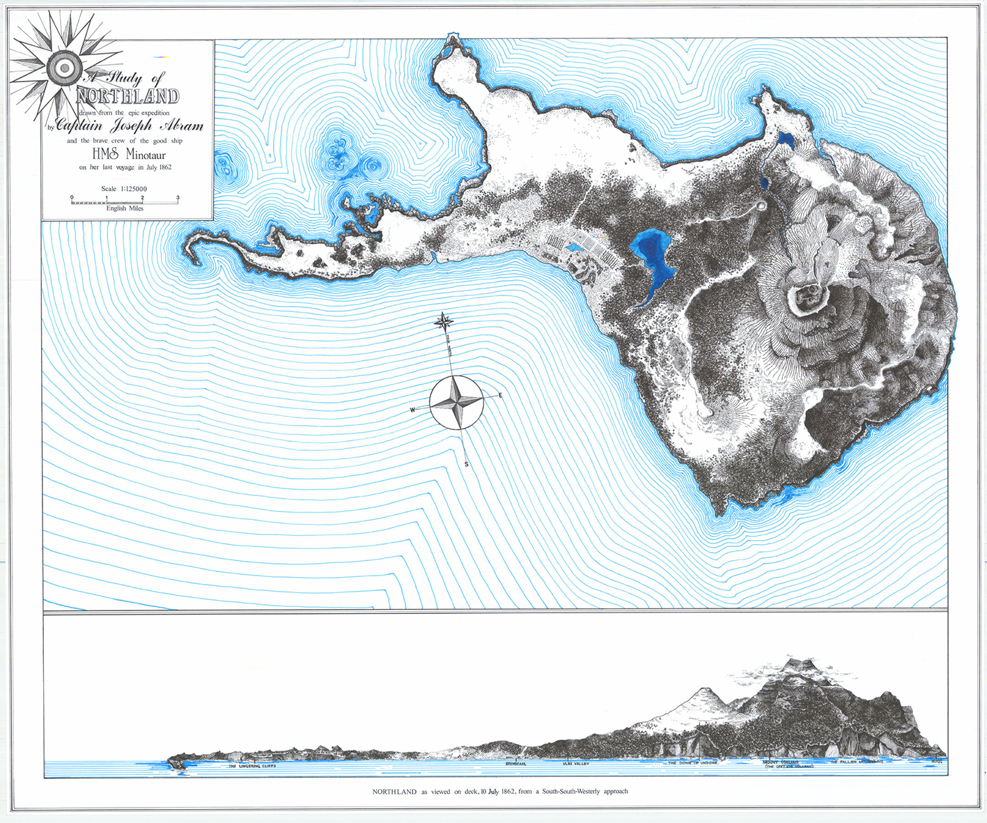 drawn topographical map of an island in a blue lined sea