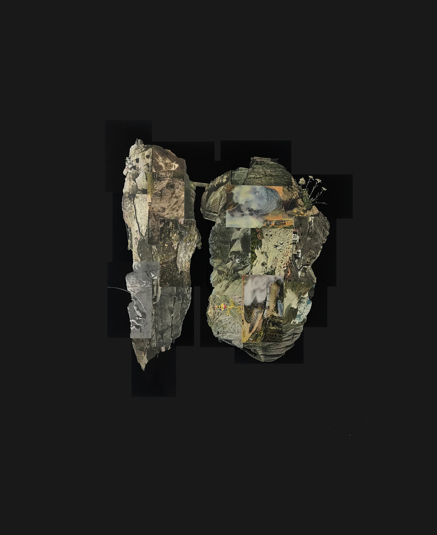 two asteroids connected by a tiny bridge, isolated in space with tiny people climbing all over it