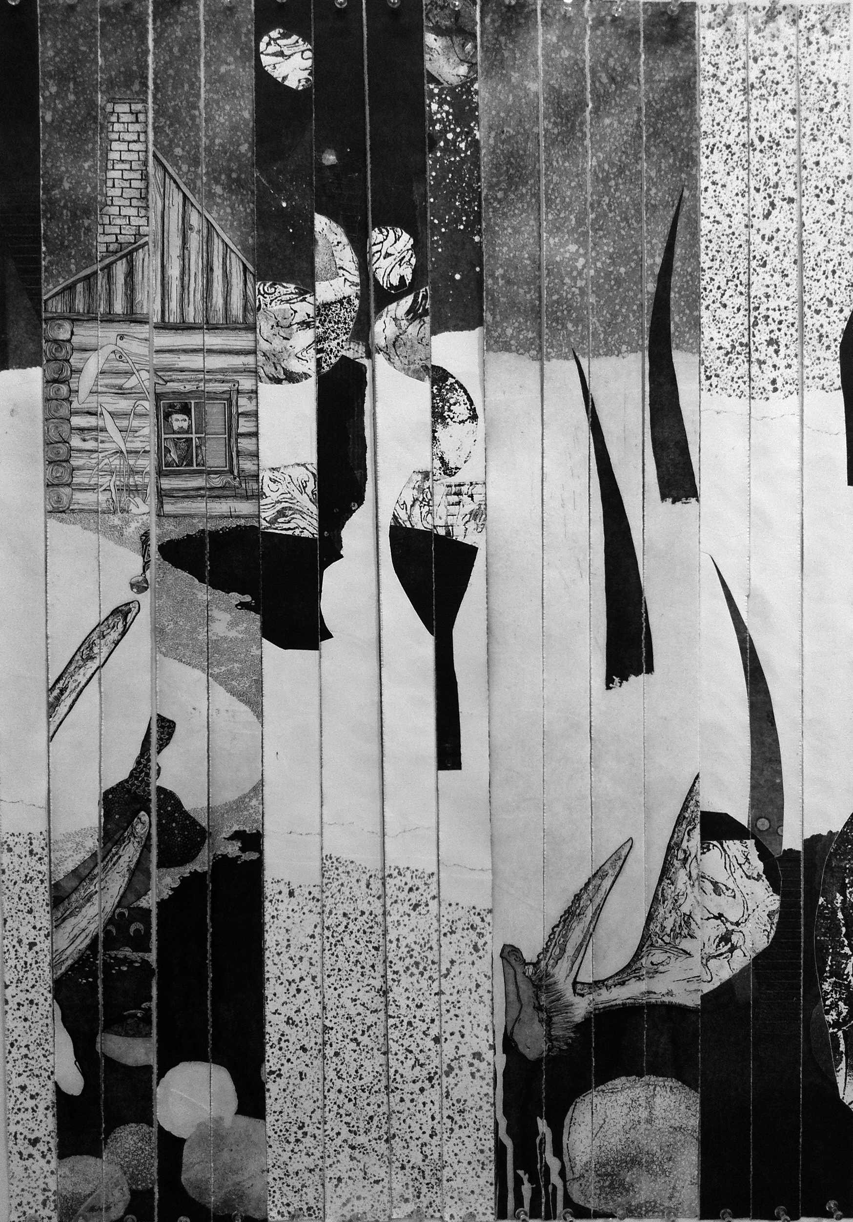 Hamelin and the Unsound House: snowy landscape cut up into vertical strips and rearranged so that the sky and snow and trees and cabin are abstracted and disjointed