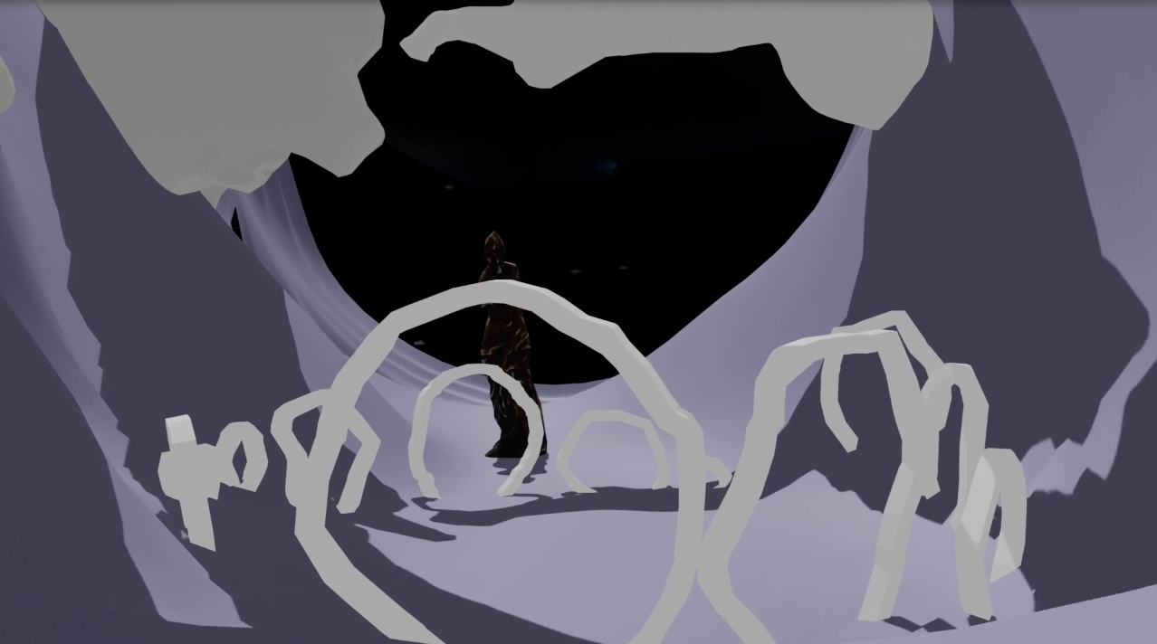 a lilac lavender world with a circle of meteorites and a standing figure of Venus